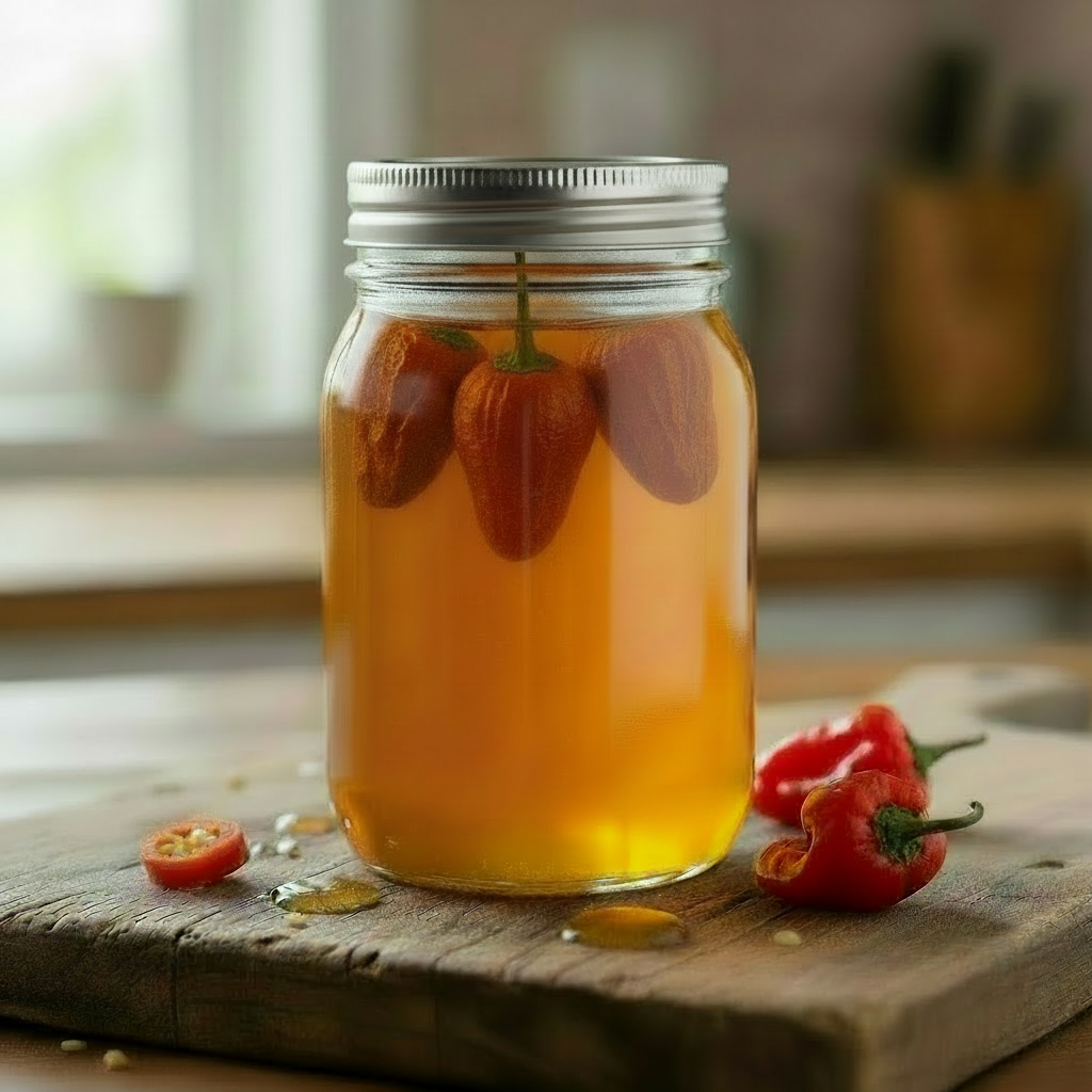 Habanero Pepper Infused Honey in a Mason Jar